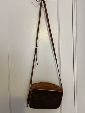 Michael Kors Brown MK Monogram Cross Body Bag with Tan Trim